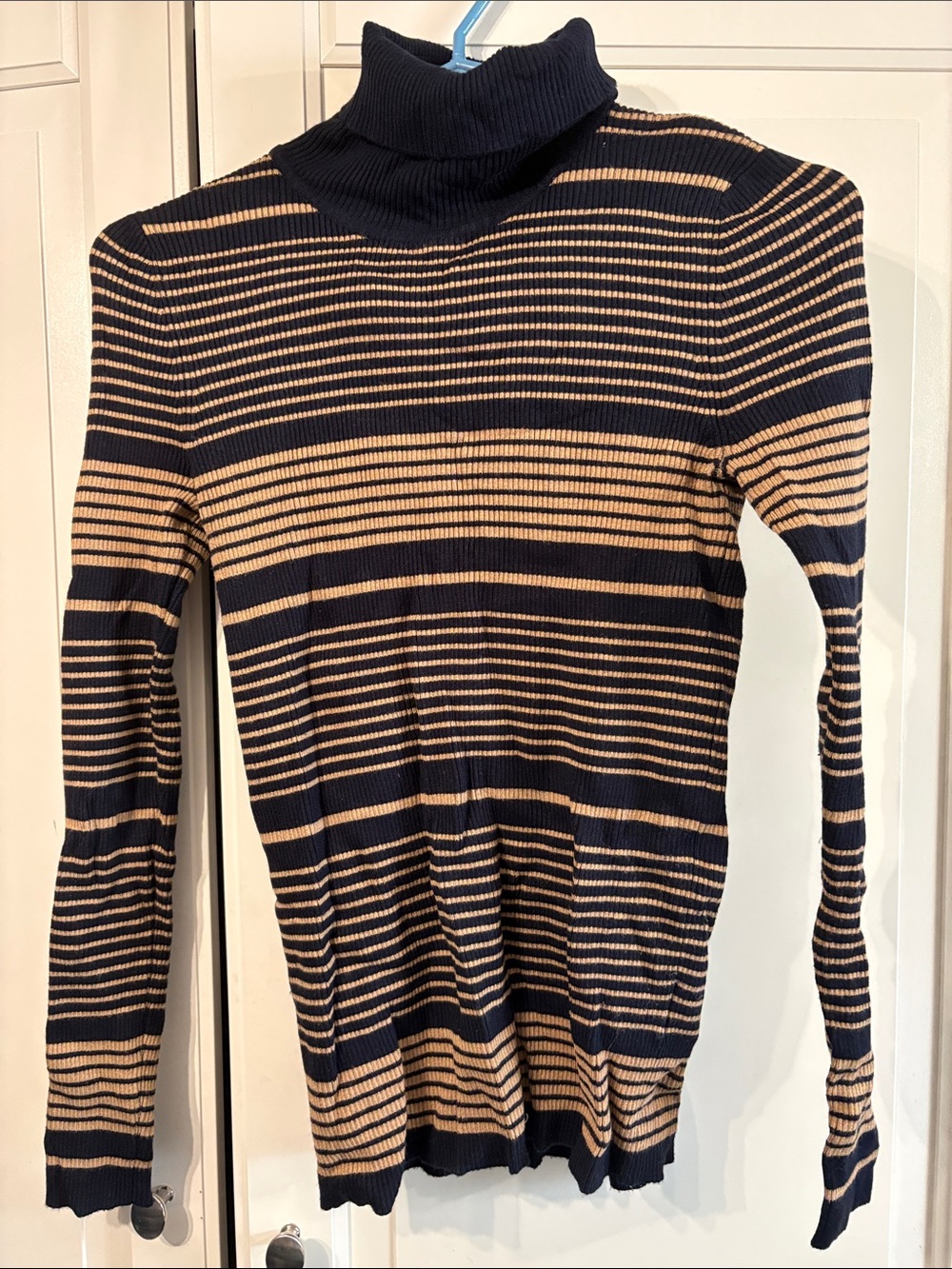 Philosophy Navy and Beige Striped Turtleneck Sweater